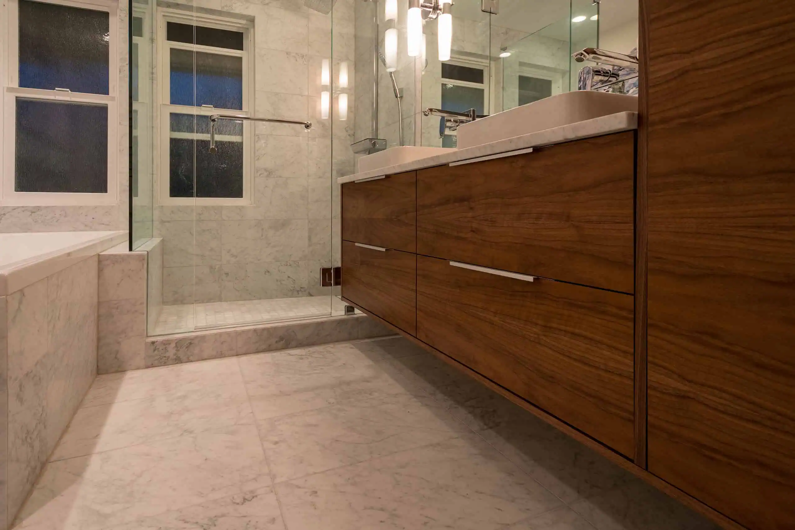 Marble master bathroom remodel with freestanding tub near Tacoma in Gig Harbor