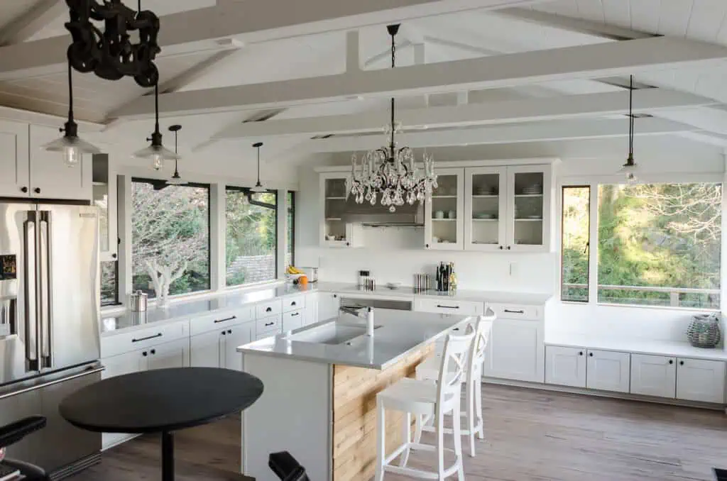 Completed Vashon kitchen with vaulted ceiling and exposed beams