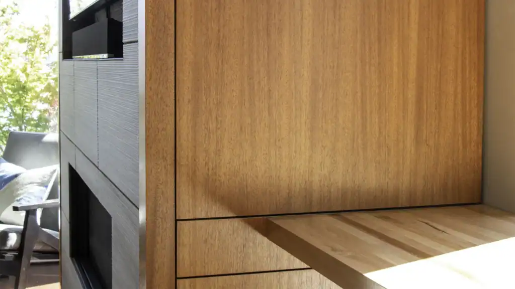 Custom mahogany cabinets with madrone butcher block bar