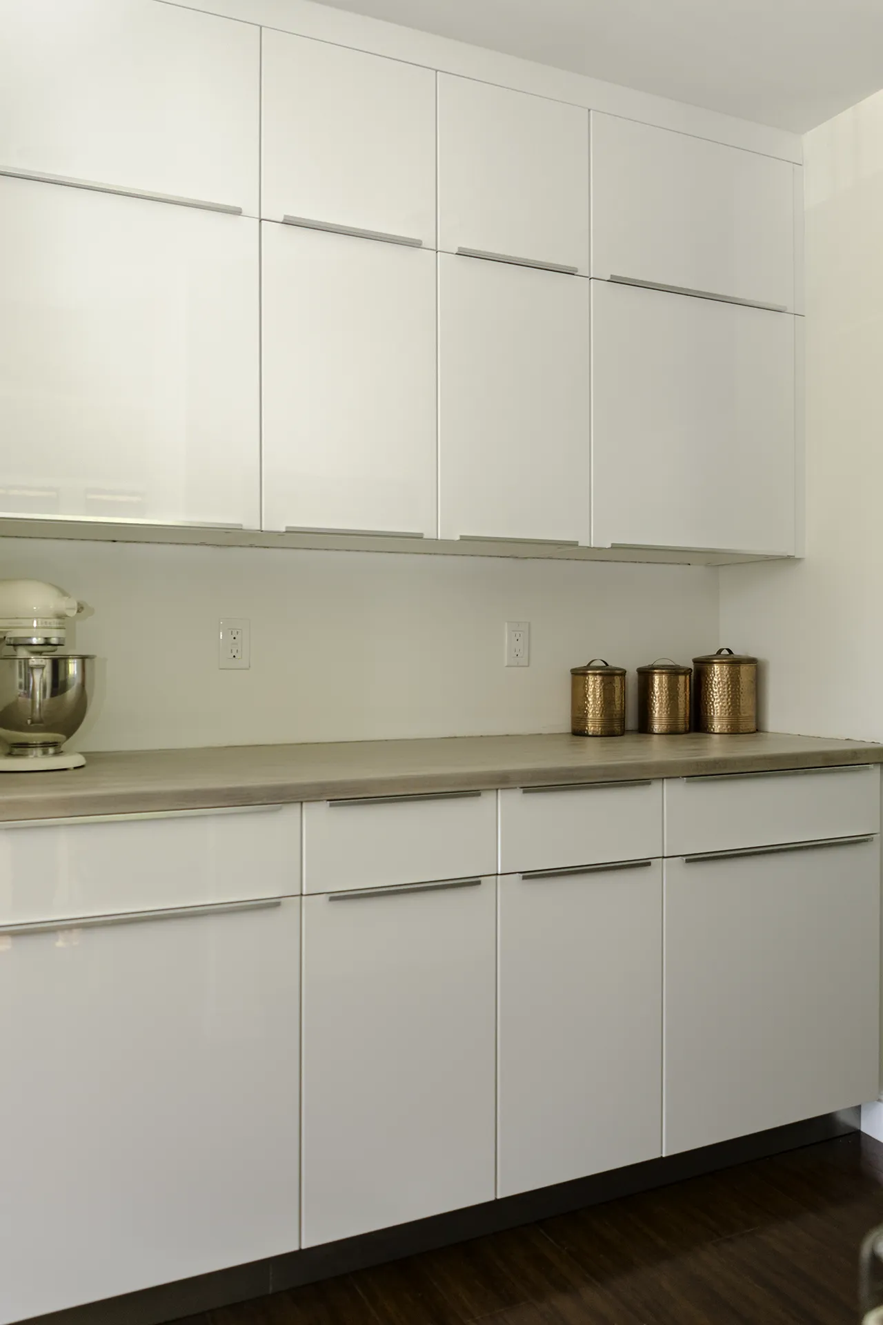 IKEA ABSTRAKT white high-gloss pantry cabinets with butcherblock countertop — Kirkland kitchen remodel baking station