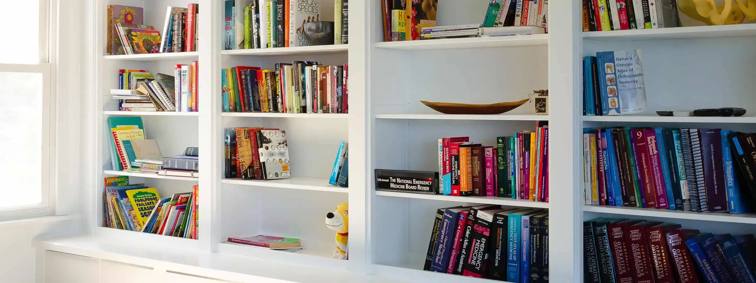 Built-in shelves running floor to ceiling in a white bookcase wall with adjustable shelving