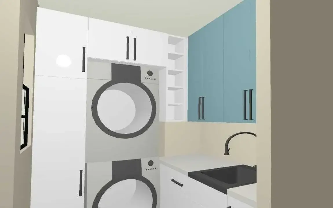 Small laundry room layout with a utility sink, folding counter and stacked washer and dryer