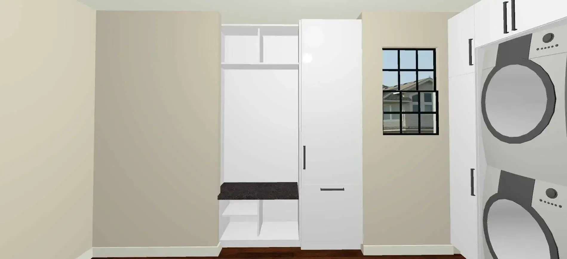 3D design rendering of mudroom cabinets with a bench, cubbies and a tall storage cabinet