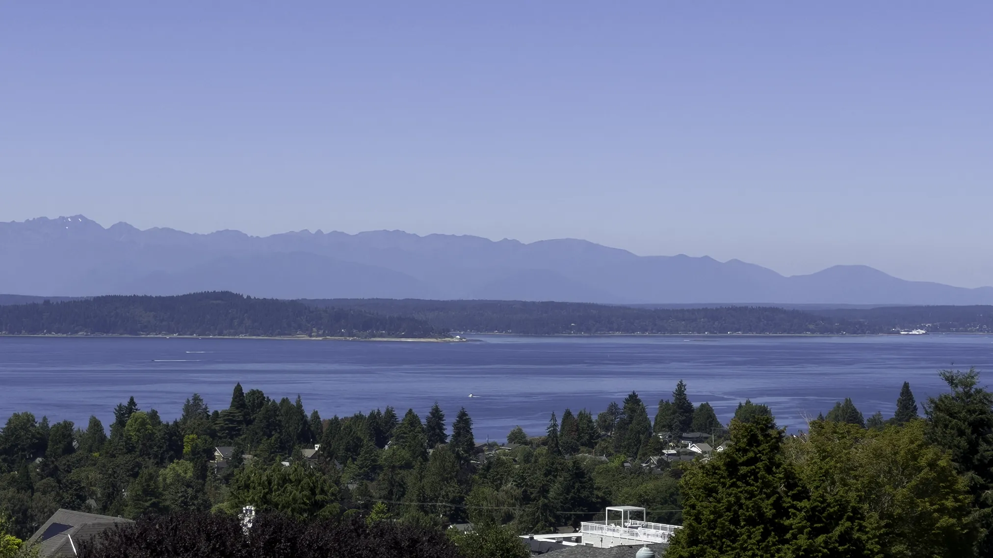 View of Puget Sound and the Olympic Mountains from a West Seattle hillside street