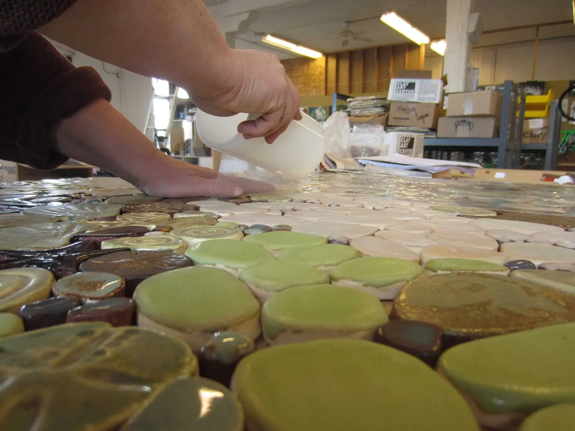 Special tape for tile mosaics is applied