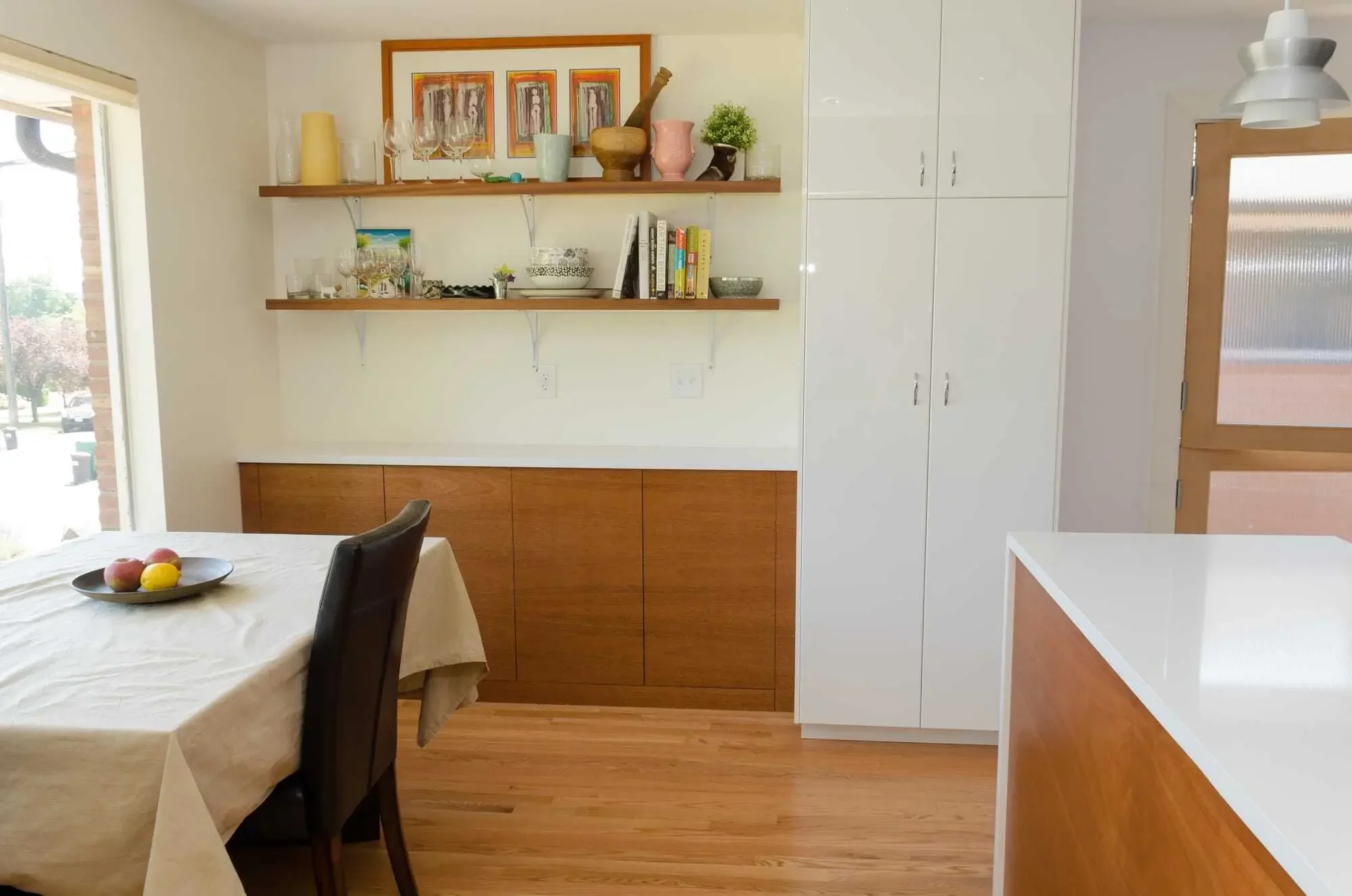Dining room buffet with Mahogany doors and open shelves