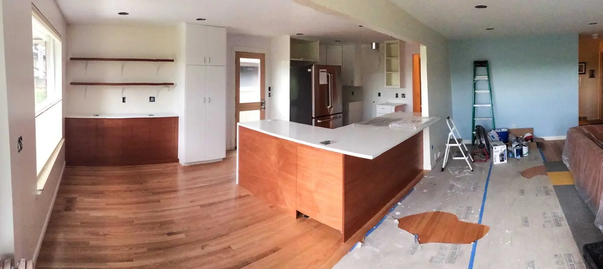 Mahogany accent doors and panels on IKEA cabinets